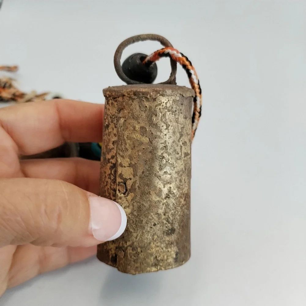 Vintage Rustic Harmony Cow Bells Cluster Set of 3 Brass Iron Boho Hanging Cord